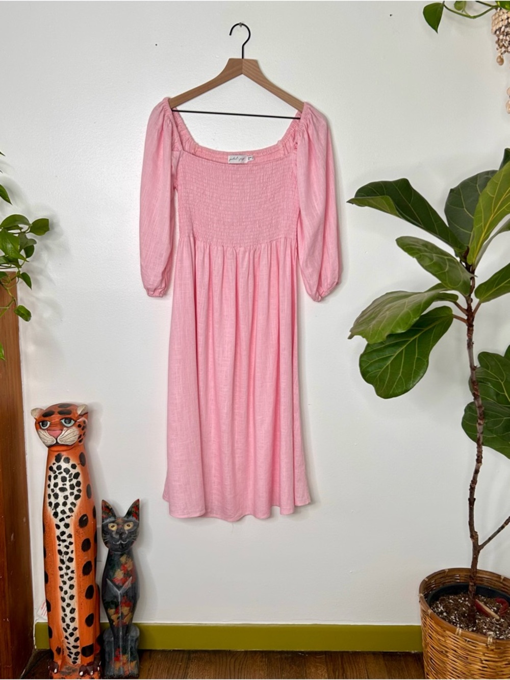 Petal & Pup Light Pink Smocked linen blend Midi Dress - Picture 3 of 9